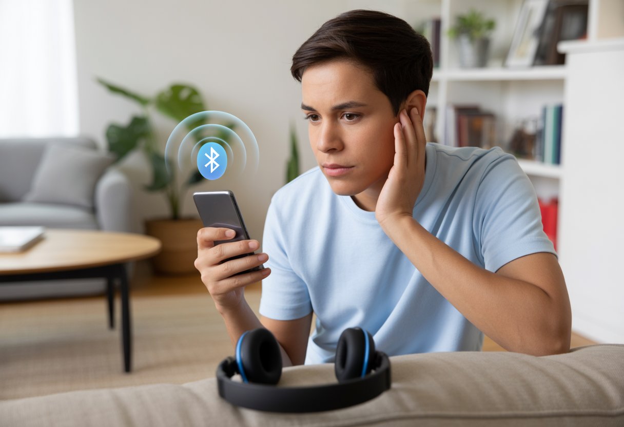 A person searching for lost Bluetooth headphones in a living room using a smartphone that shows a Bluetooth signal.