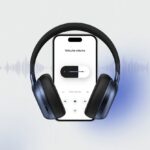 A pair of Bluetooth headphones connected to a smartphone with volume being increased, shown by sound waves around the headphones.
