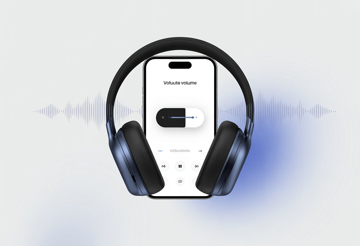 A pair of Bluetooth headphones connected to a smartphone with volume being increased, shown by sound waves around the headphones.