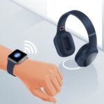A person wearing a smartwatch on their wrist with Bluetooth headphones connected nearby, showing wireless connection signals between the devices.