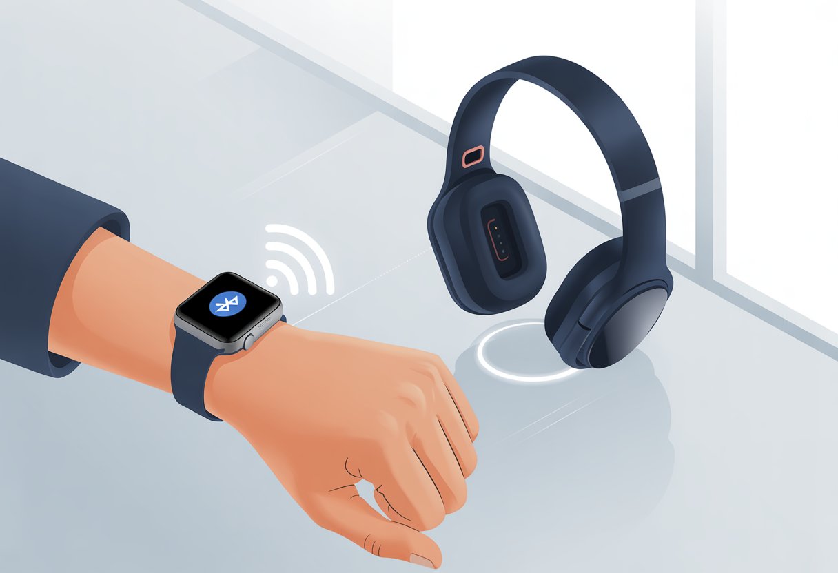 A person wearing a smartwatch on their wrist with Bluetooth headphones connected nearby, showing wireless connection signals between the devices.
