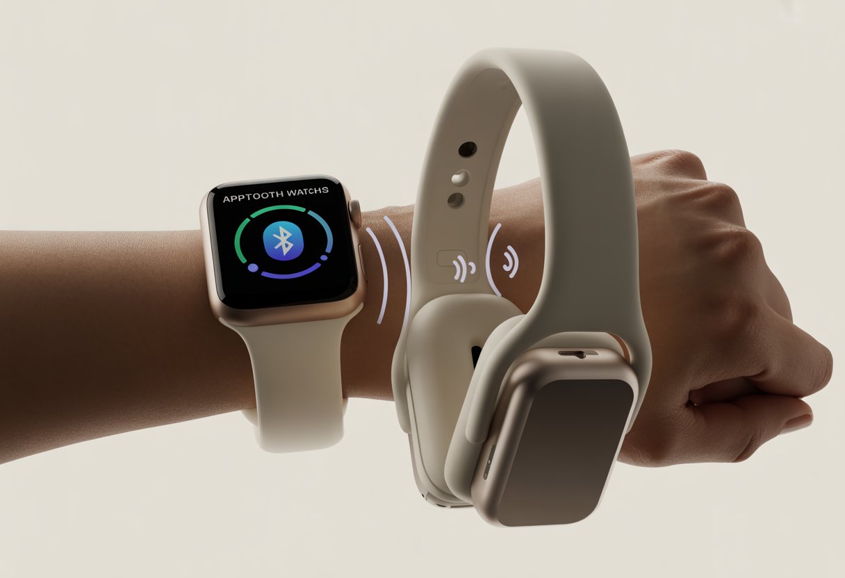 Close-up of an Apple Watch on a wrist next to a pair of Bluetooth headphones with visual indicators showing they are connecting wirelessly.
