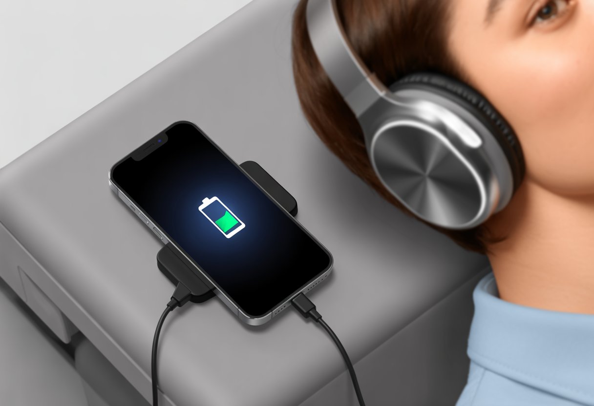 A person wearing Bluetooth headphones while charging their smartphone indoors.