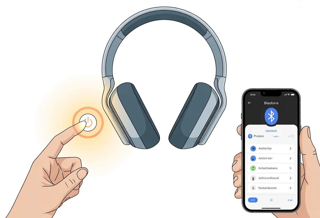 A hand pressing the power button on Bluetooth headphones with a smartphone showing Bluetooth settings nearby.