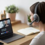 A person wearing Bluetooth headphones sitting at a desk using a laptop for a conference call in a home office.
