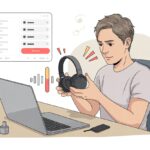 A person sitting at a desk holding Bluetooth headphones and looking at a laptop with volume controls on the screen.