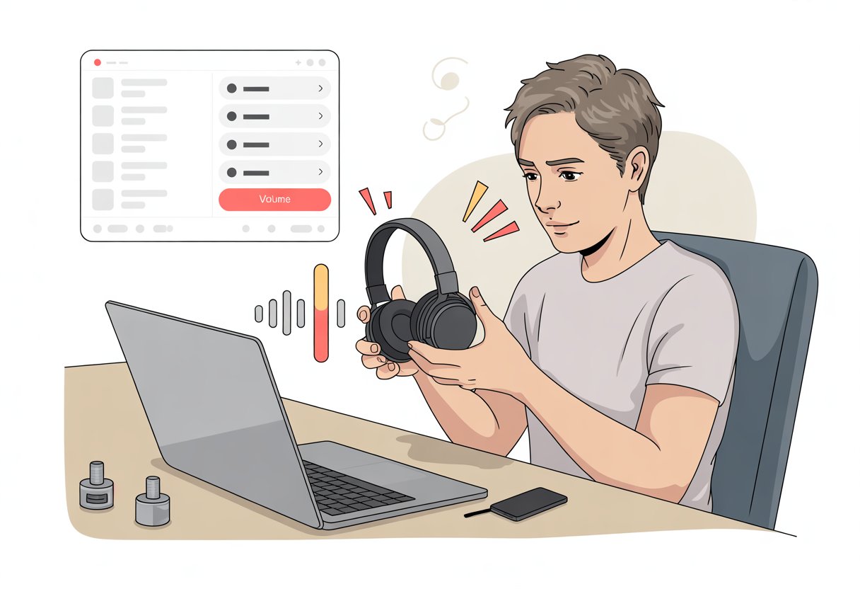 A person sitting at a desk holding Bluetooth headphones and looking at a laptop with volume controls on the screen.