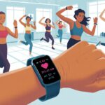 People dancing Zumba in a fitness studio with a close-up of a wrist wearing a fitness tracker showing workout data.