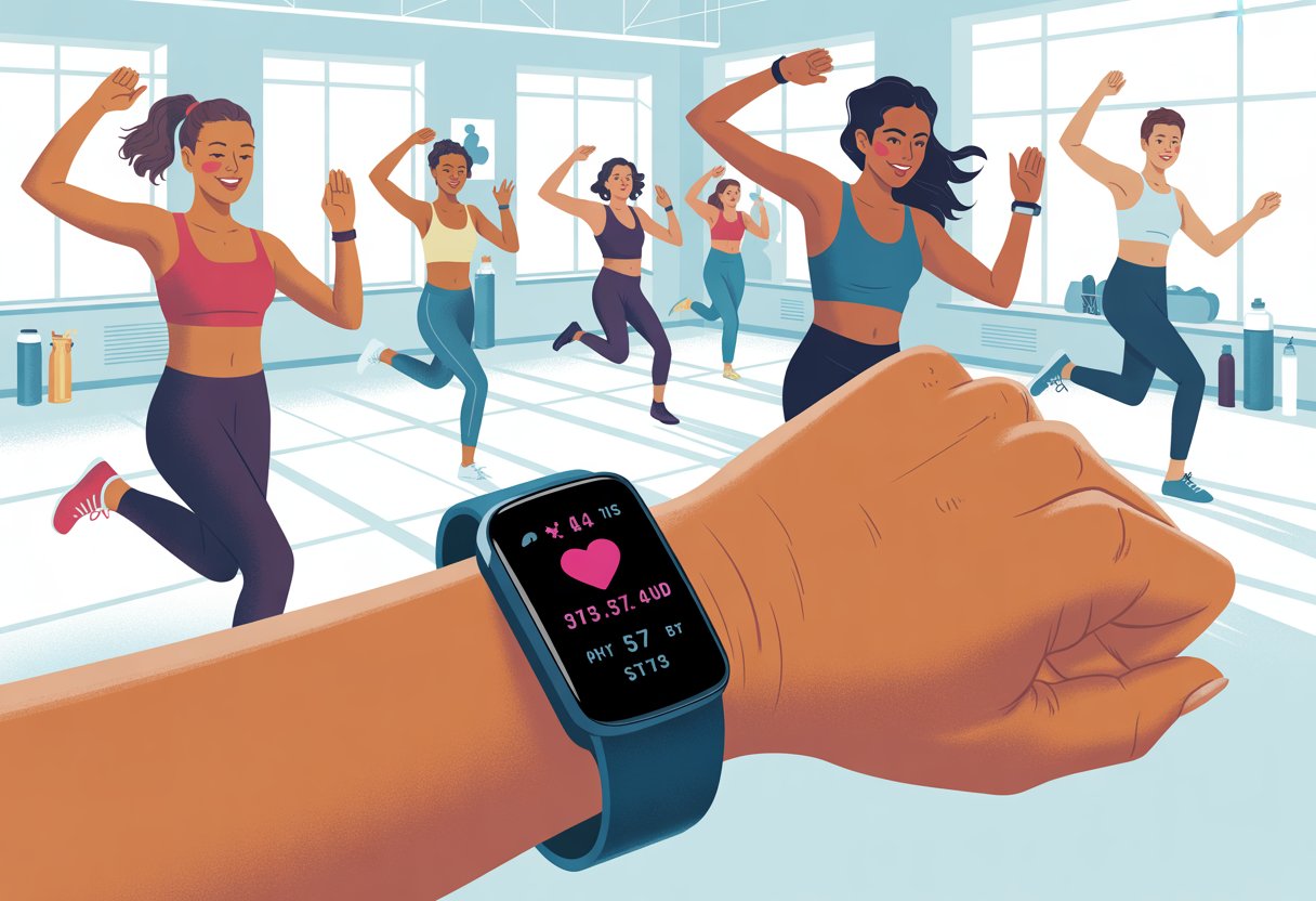 People dancing Zumba in a fitness studio with a close-up of a wrist wearing a fitness tracker showing workout data.