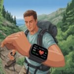 How to use a fitness tracker for hiking and avoid getting lost (or eaten by bears) A hiker on a forest trail looking at a fitness tracker on their wrist with mountains and trees in the background.