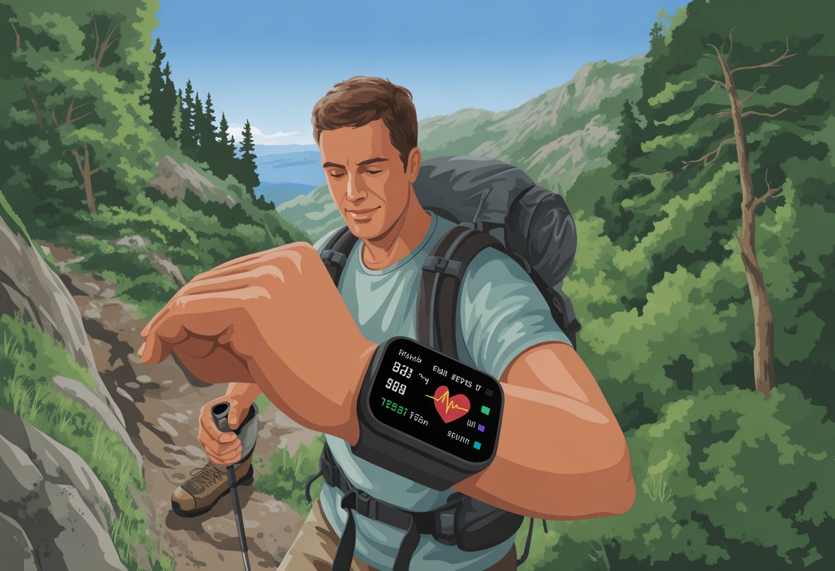 A hiker on a forest trail looking at a fitness tracker on their wrist with mountains and trees in the background.