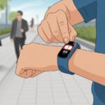 Close-up of a person pressing the SOS button on a fitness tracker worn on their wrist outdoors.