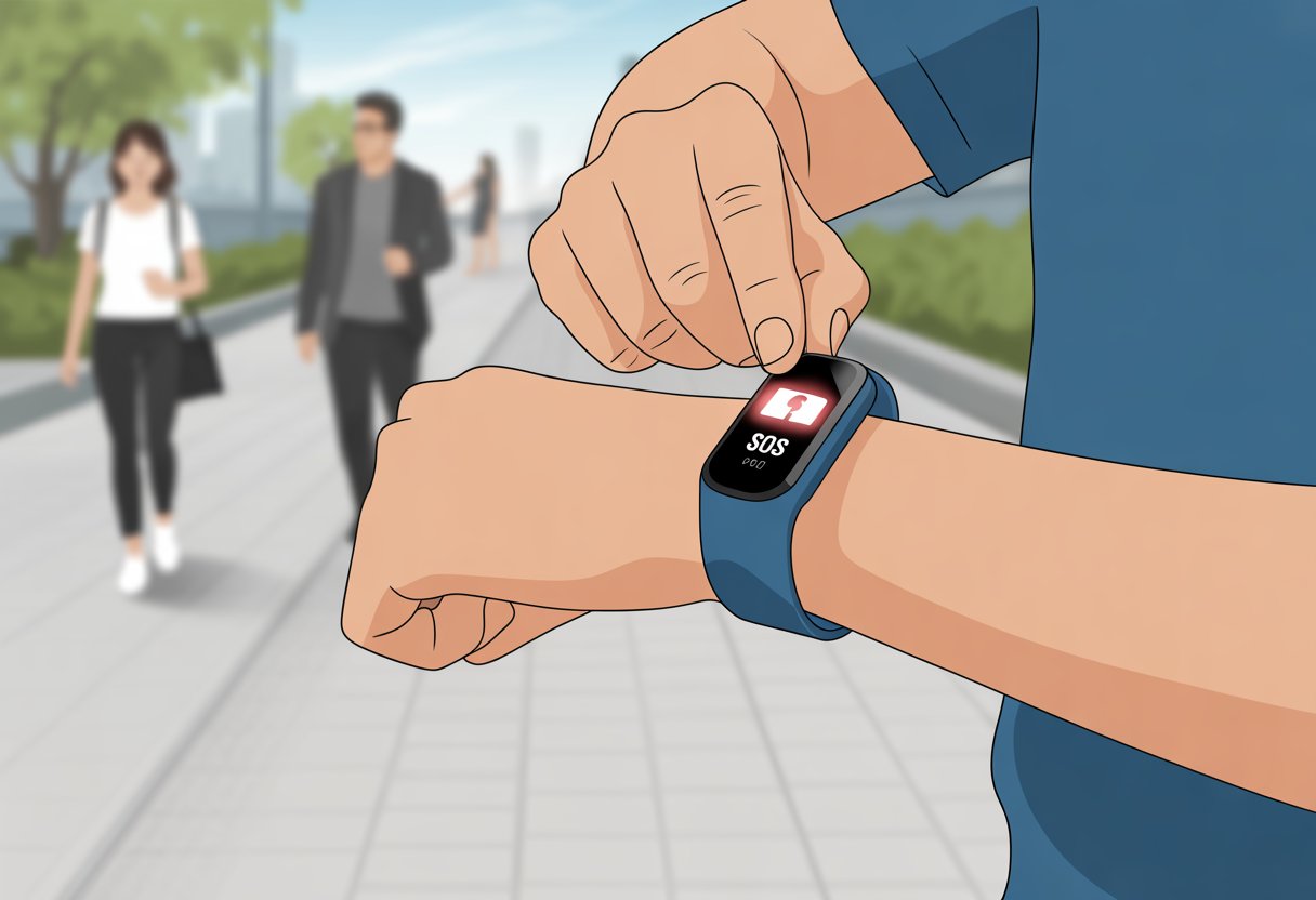 Close-up of a person pressing the SOS button on a fitness tracker worn on their wrist outdoors.