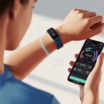 A person wearing a fitness tracker on their wrist and holding a smartphone showing fitness app data.