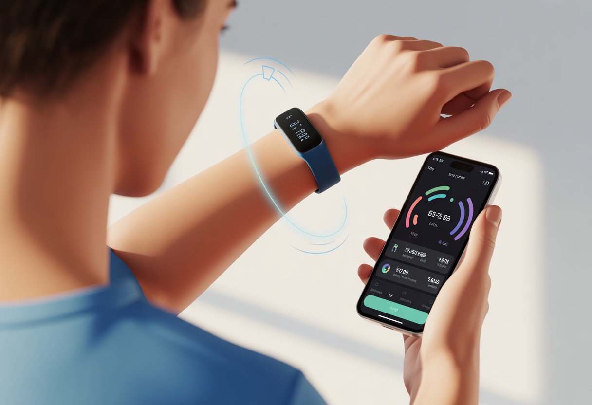 A person wearing a fitness tracker on their wrist and holding a smartphone showing fitness app data.