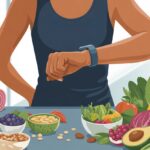 How to use a fitness tracker for vegan diets: Because Counting Plants is Harder Than You Think A person wearing a fitness tracker checking it while surrounded by a variety of fresh vegan foods on a table.