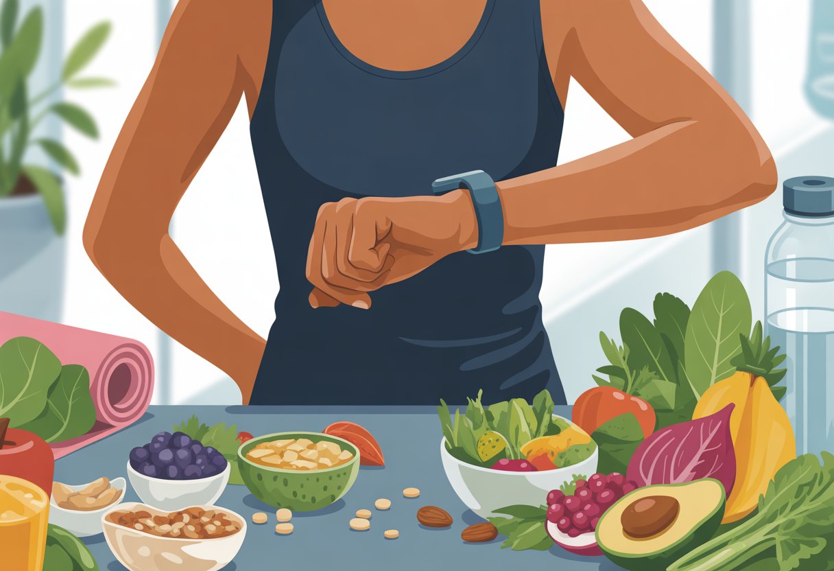 A person wearing a fitness tracker checking it while surrounded by a variety of fresh vegan foods on a table.