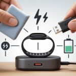 Close-up of a fitness tracker on a charging dock with icons showing cleaning the contacts, plugging in the cable, and a battery charging indicator.