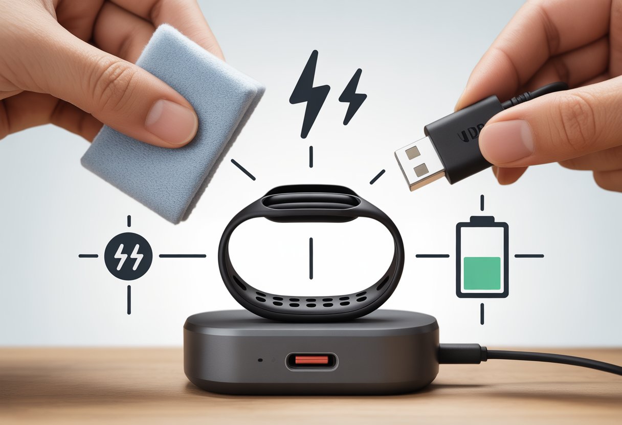 Close-up of a fitness tracker on a charging dock with icons showing cleaning the contacts, plugging in the cable, and a battery charging indicator.