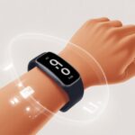 Close-up of a wrist wearing a fitness tracker showing an incorrect time, with the hand raised in a puzzled gesture.