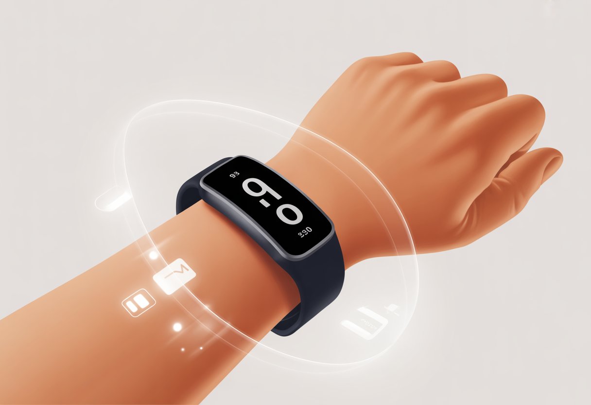 Close-up of a wrist wearing a fitness tracker showing an incorrect time, with the hand raised in a puzzled gesture.