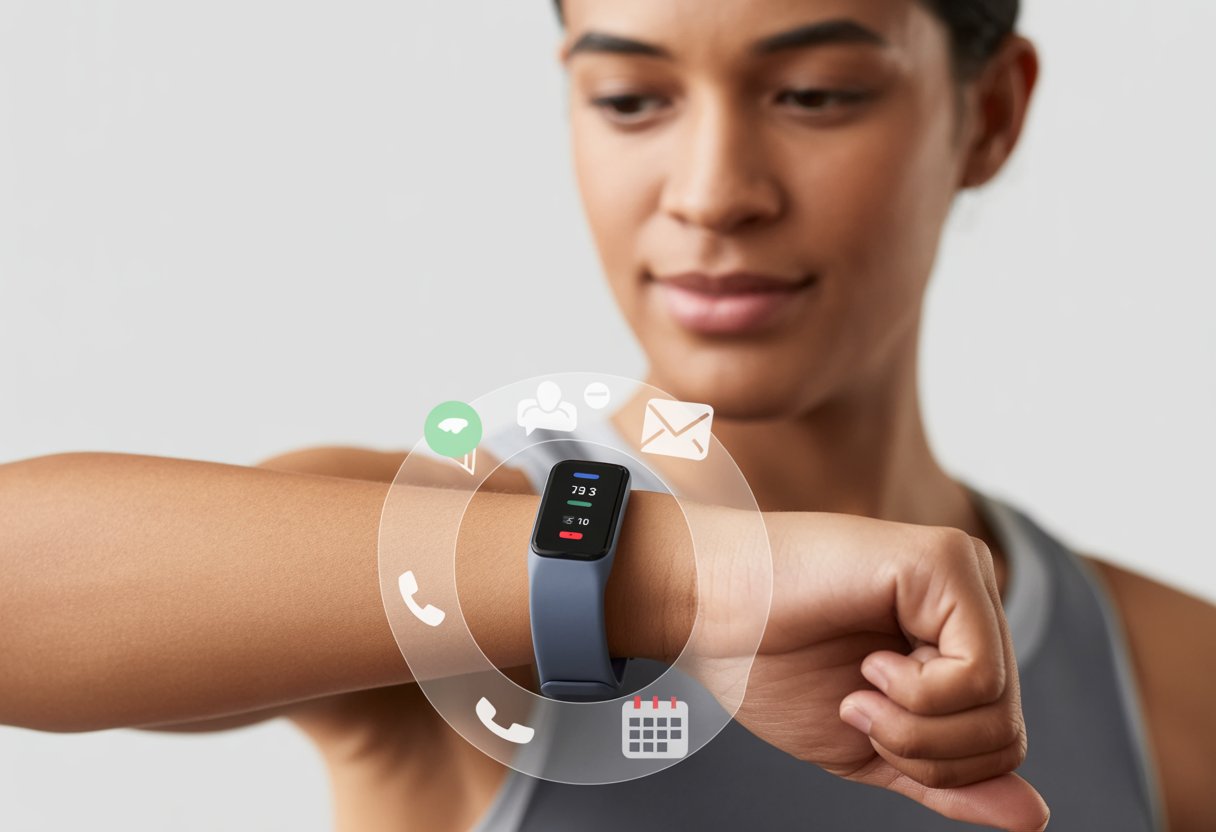 A person wearing a fitness tracker on their wrist with notification icons appearing around it.