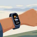 Close-up of a wrist wearing a fitness tracker showing weather icons and temperature with an outdoor background.
