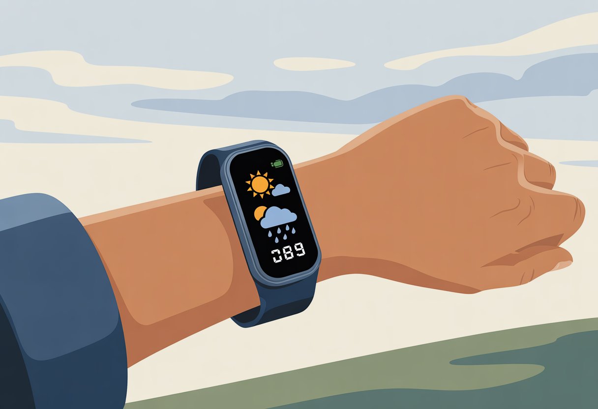 Close-up of a wrist wearing a fitness tracker showing weather icons and temperature with an outdoor background.