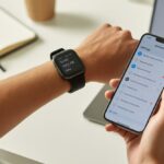 Why is my fitness tracker not showing app notifications? Common Tech Tantrums and Quick Fixes A person wearing a fitness tracker on their wrist is holding a smartphone showing notification settings, with a laptop and notebook in the background.
