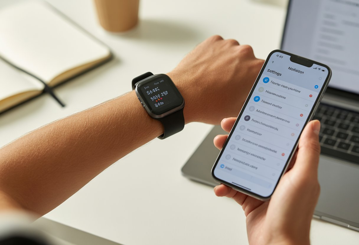 A person wearing a fitness tracker on their wrist is holding a smartphone showing notification settings, with a laptop and notebook in the background.