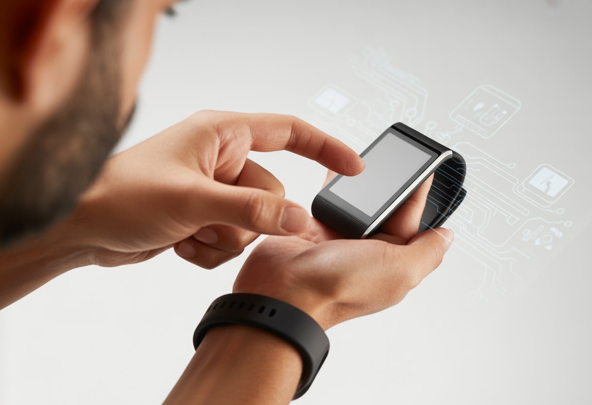 A hand touching the screen of a fitness tracker that appears unresponsive.