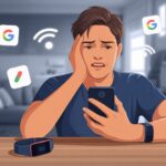 A person sitting at a desk looking confused while holding a smartphone with a fitness tracker on the desk nearby.