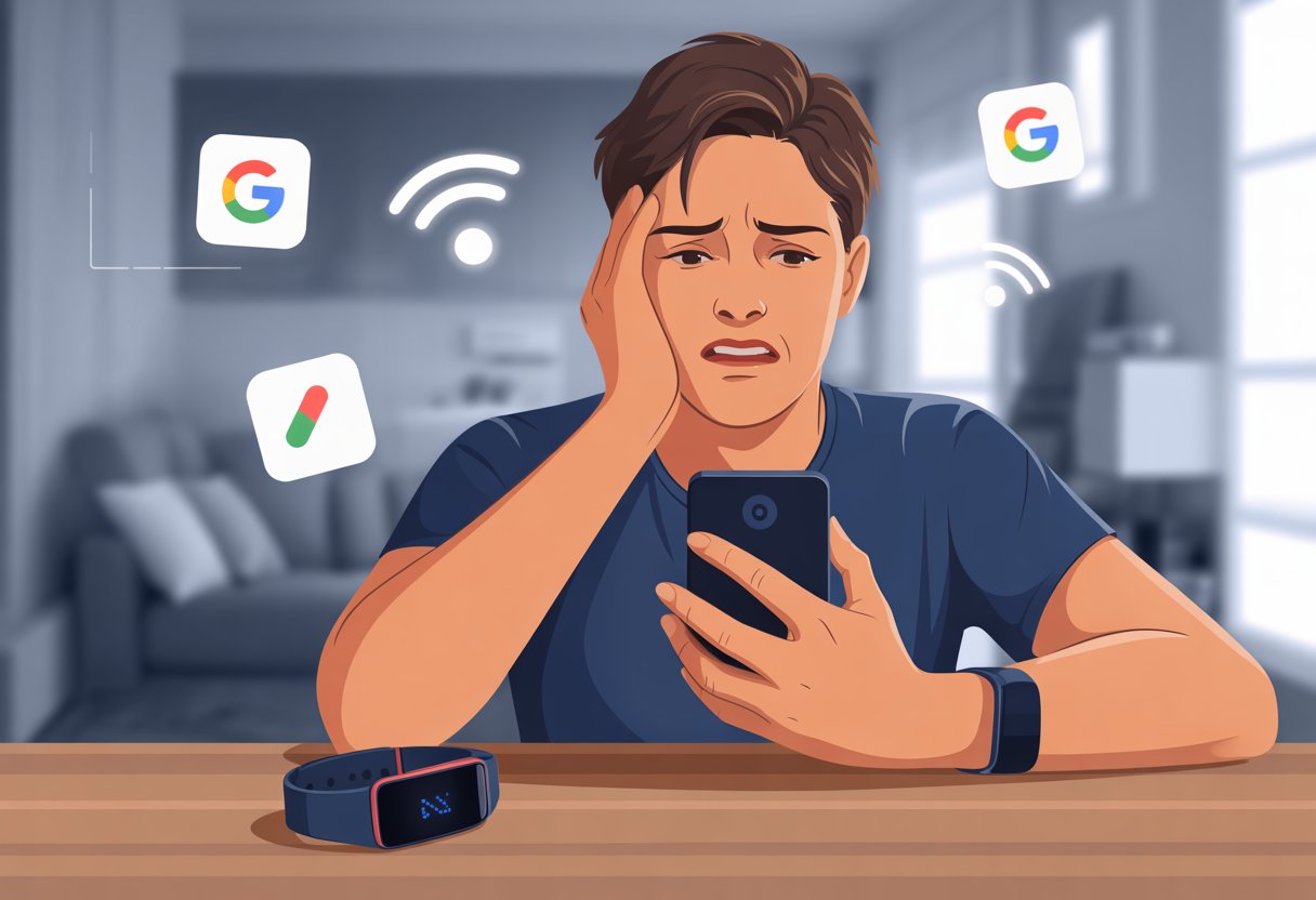A person sitting at a desk looking confused while holding a smartphone with a fitness tracker on the desk nearby.