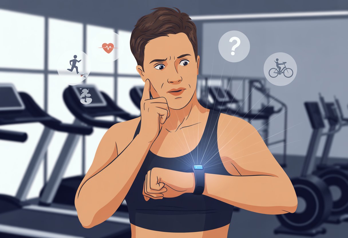A person in workout clothes looking puzzled at a fitness tracker on their wrist in a gym.