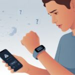 A person looking at their fitness tracker on their wrist with a concerned expression, holding a smartphone showing a warning symbol.