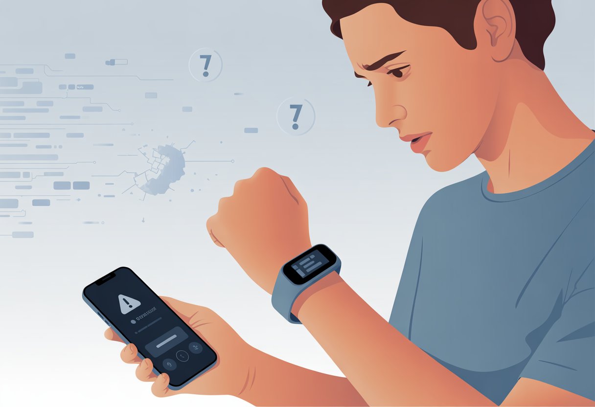 A person looking at their fitness tracker on their wrist with a concerned expression, holding a smartphone showing a warning symbol.
