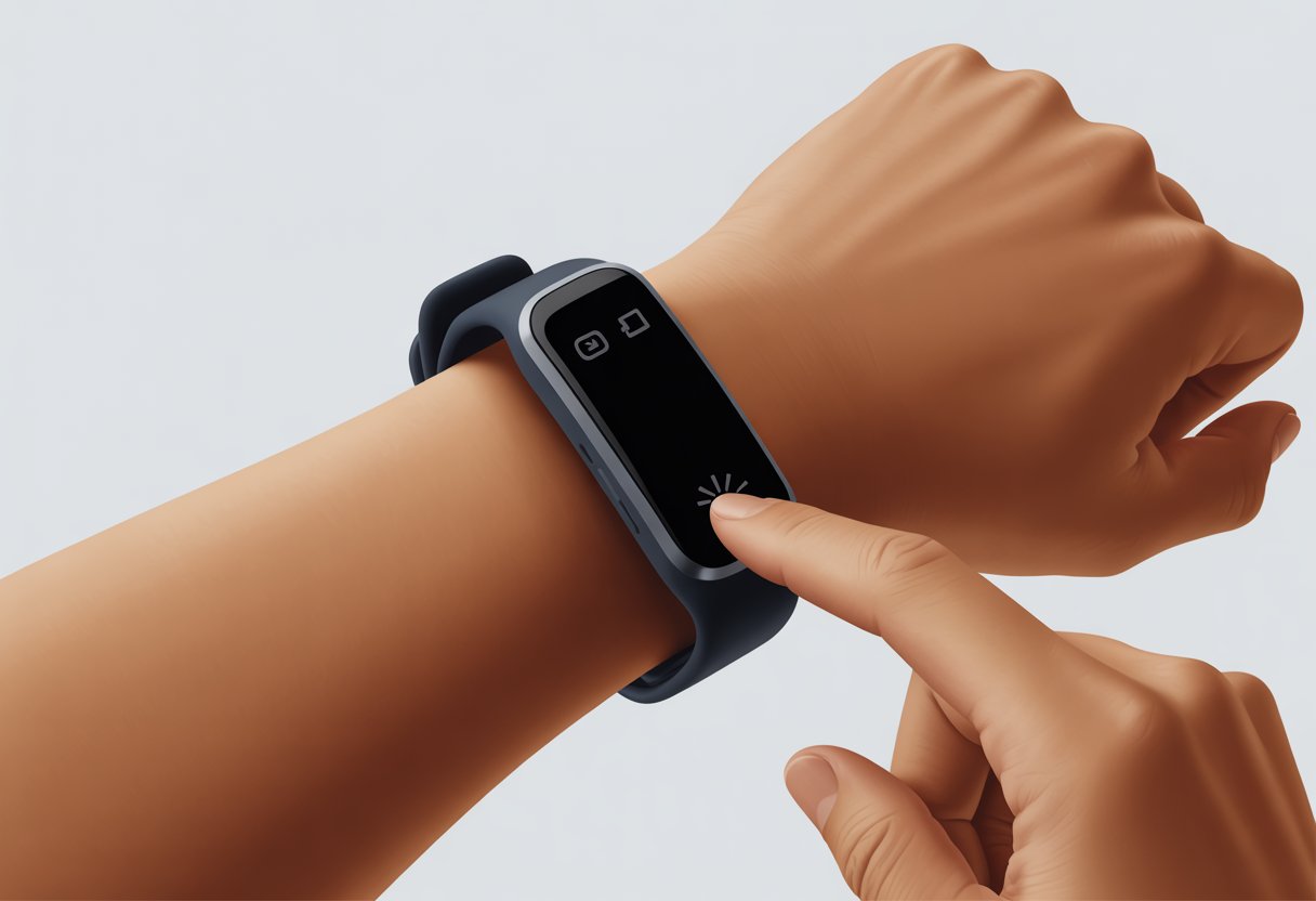 Close-up of a fitness tracker on a wrist with a finger pressing a button but the screen is blank and unresponsive.