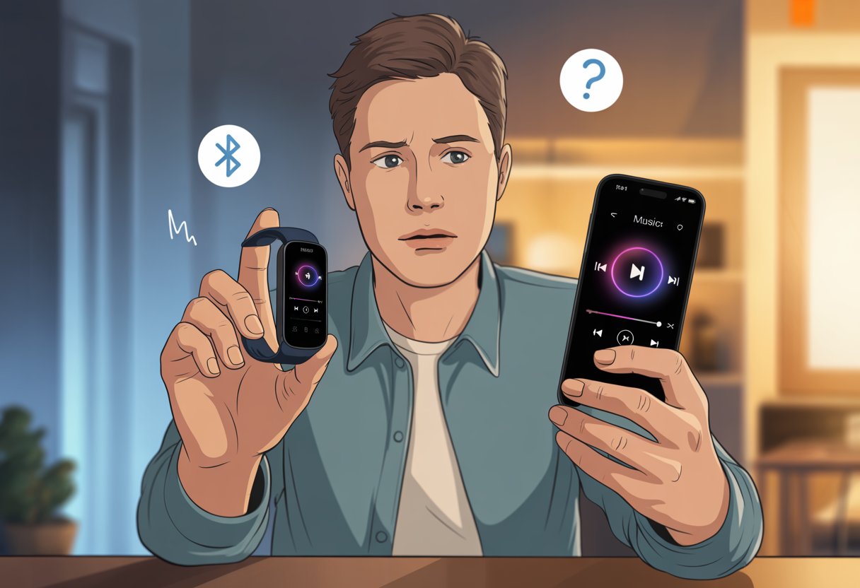 A person looking puzzled while holding a fitness tracker and a smartphone showing music controls.