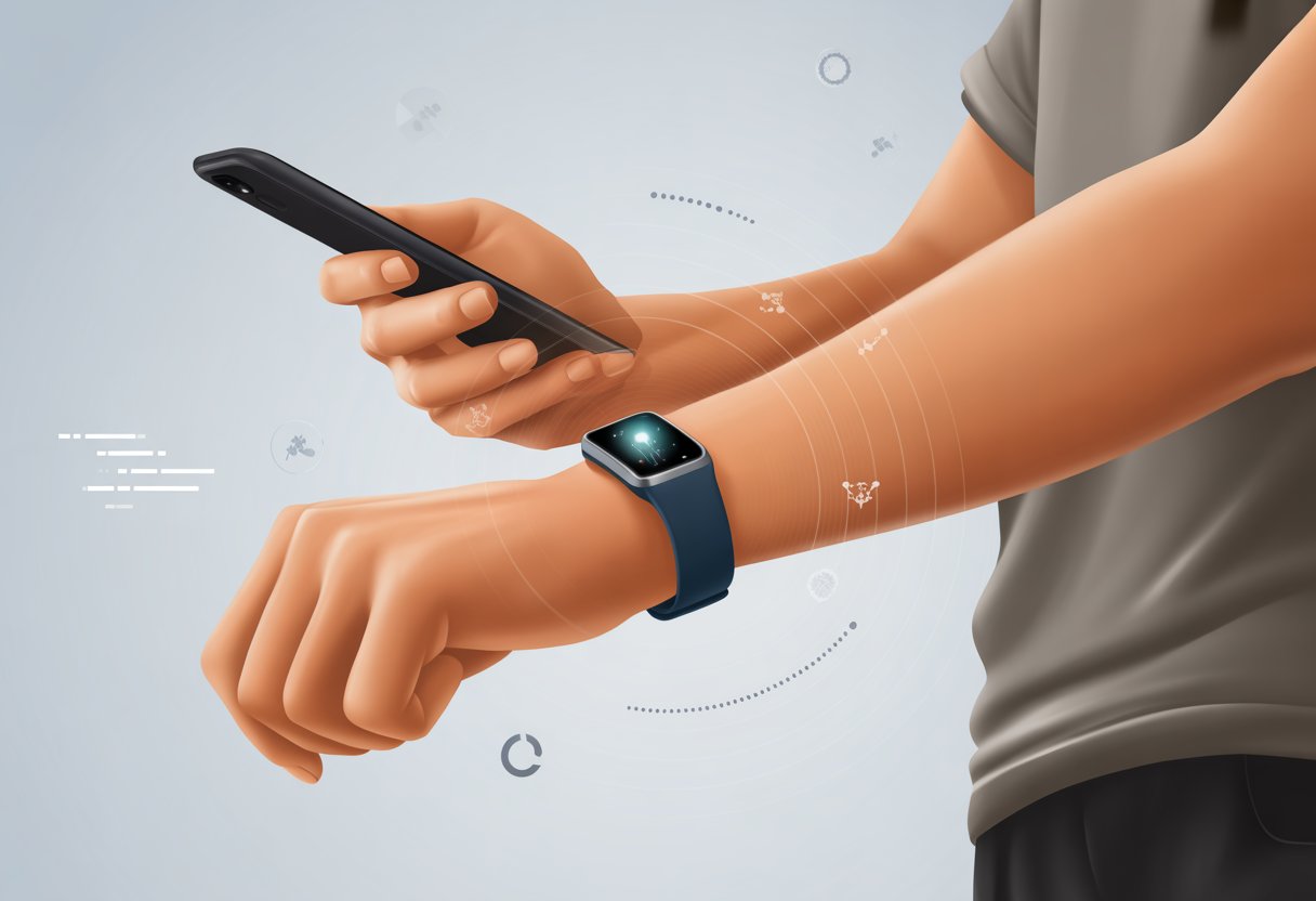 A person wearing a fitness tracker on their wrist holding a smartphone nearby with visual indicators of slow data syncing between the devices.