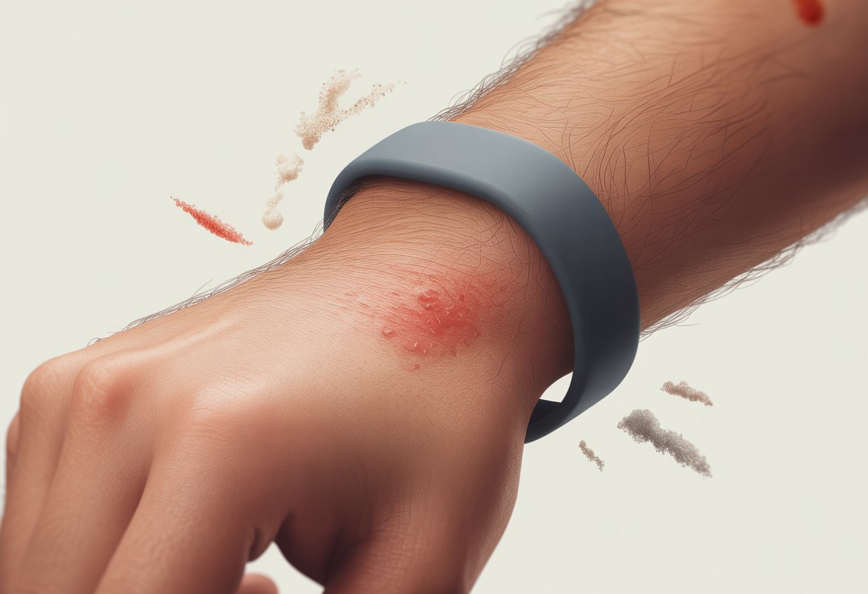 Close-up of a wrist wearing a fitness tracker band with red, irritated skin underneath.