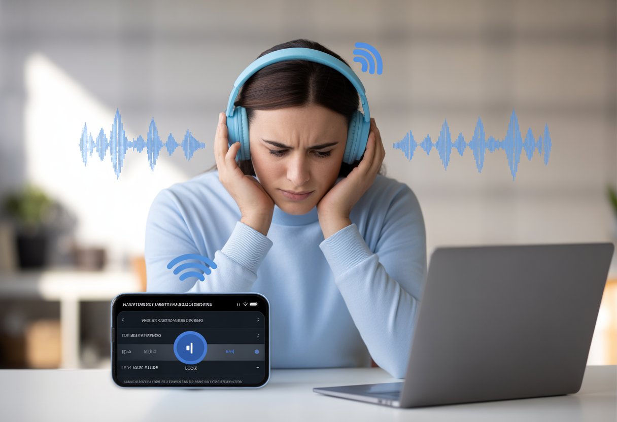 A person wearing Bluetooth headphones looking frustrated while using a smartphone and laptop at a desk, with weak sound waves coming from the headphones.