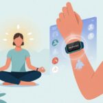 A person sitting cross-legged wearing a fitness tracker, surrounded by calming light and a digital display showing mindfulness session icons with some indicating tracking problems.