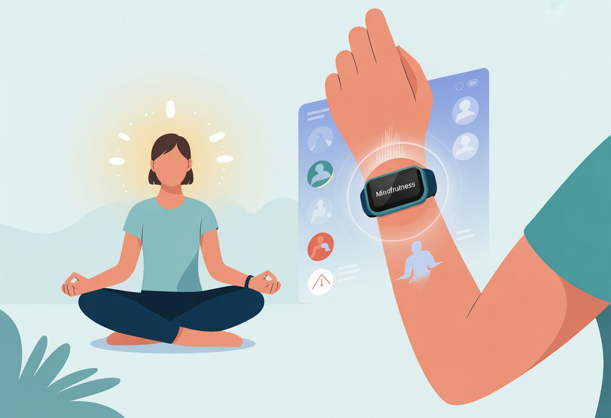 A person sitting cross-legged wearing a fitness tracker, surrounded by calming light and a digital display showing mindfulness session icons with some indicating tracking problems.