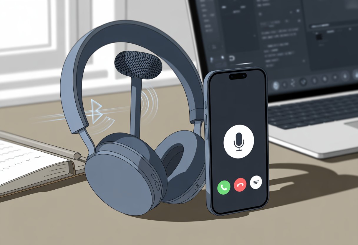 A close-up of Bluetooth headphones on a desk next to a smartphone showing a muted microphone icon, with a laptop and notebook in the background.