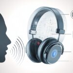 A pair of Bluetooth headphones near a human head silhouette with sound waves directed at the headphones, surrounded by icons representing wireless signals and possible interference.