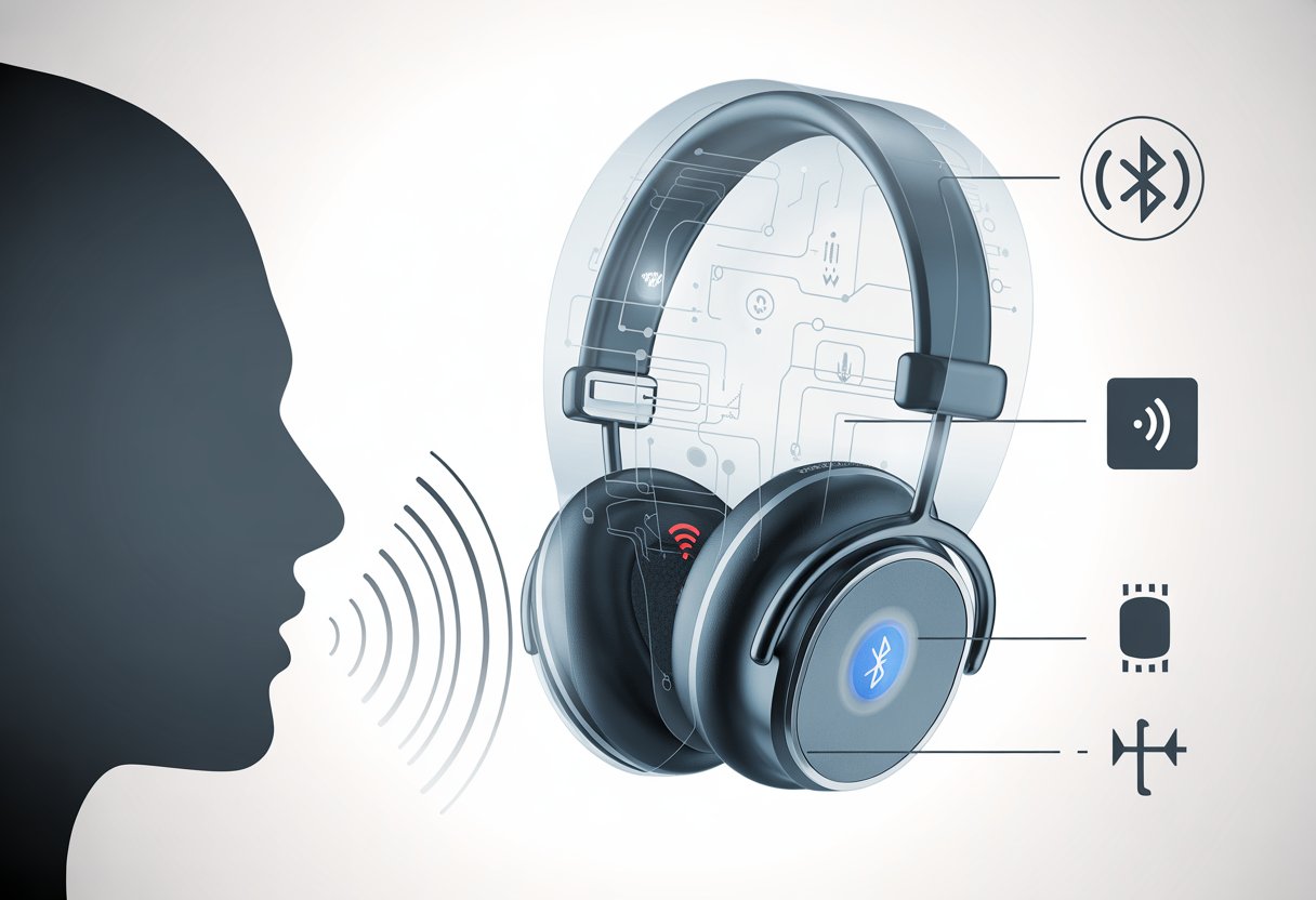 A pair of Bluetooth headphones near a human head silhouette with sound waves directed at the headphones, surrounded by icons representing wireless signals and possible interference.