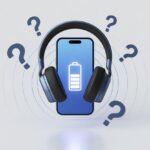 A pair of Bluetooth headphones floating above a smartphone showing a battery icon without a level indicator, with question marks and wireless signals around them.