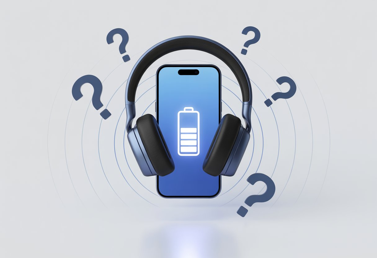 A pair of Bluetooth headphones floating above a smartphone showing a battery icon without a level indicator, with question marks and wireless signals around them.