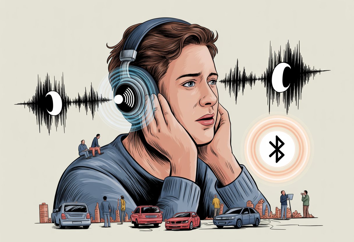 A person wearing Bluetooth headphones looks confused as noise waves from a busy city environment enter the headphones.