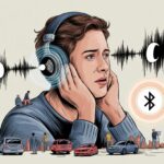 A person wearing Bluetooth headphones looks confused as noise waves from a busy city environment enter the headphones.